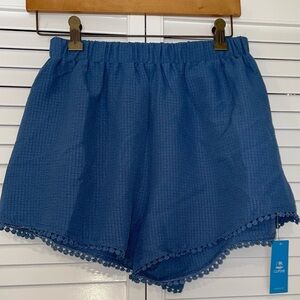 Cupshe Swim Coverup Shorts Medium Cruise Beach Blue Pom Pom Hems NWT